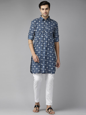 See Designs Men Printed Pathani Kurta(Blue, White)