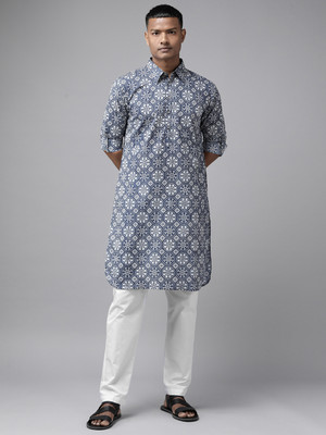 See Designs Men Printed Pathani Kurta(Blue)