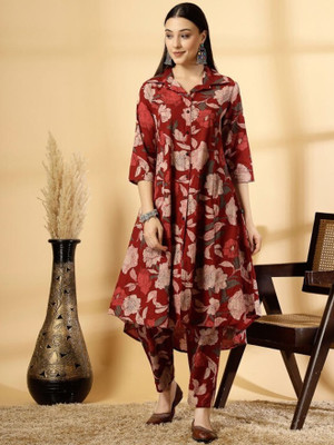 BAANDI Women Floral Print Straight Kurta(Maroon)