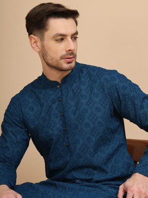 ANOUK Men Embroidered Straight Kurta(Blue)