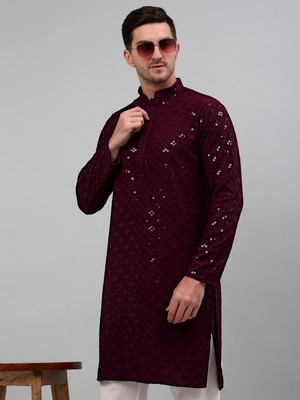 Jompers Men Embroidered Straight Kurta(Maroon)