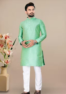 S AND S ENTRTPRISE Men Self Design Straight Kurta(Light Green)