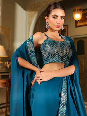 Janasya Women Ethnic Top Pant Cape Set
