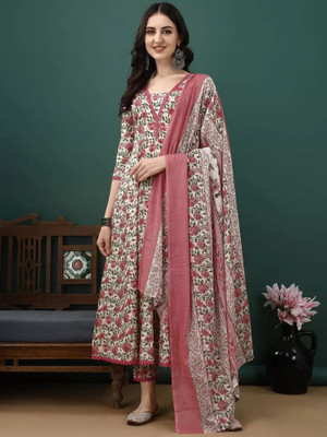 Lamba Creations Floral Print Anarkali Kurta, Bottom & Dupatta Set