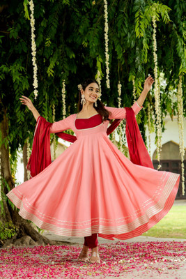 Tasrika Solid Anarkali Kurta, Bottom & Dupatta Set