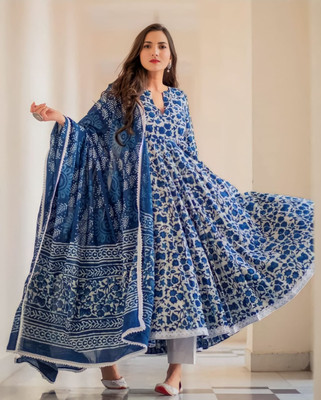 ALIF CREATIONS Women Printed Gown Kurta(Blue)