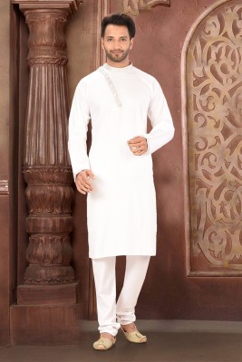 RANAK Men Embroidered Straight Kurta(White)