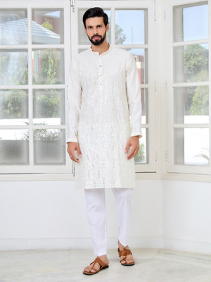 See Designs Men Embroidered Straight Kurta(White)