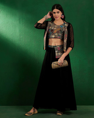 Sangria Women Crop Top Palazzo Ethnic Jacket Set