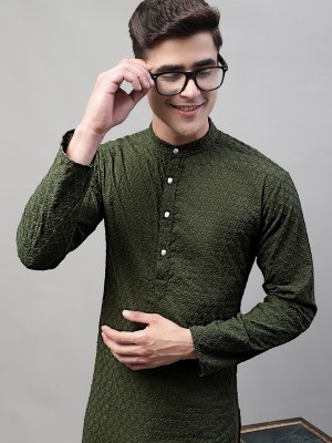 Jompers Men Embroidered Straight Kurta(Dark Green)