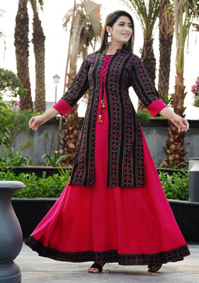 DSS FASHION Women Printed Anarkali Kurta(Black)