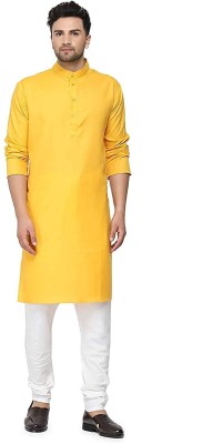 V S INFRA Men Bandhani High Low Kurta(Yellow)