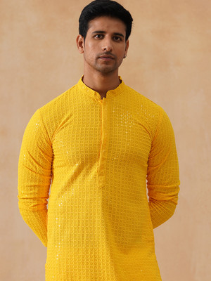 Jompers Men Self Design Straight Kurta(Yellow)