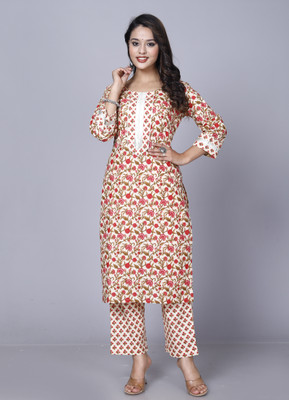 FUSION 21 Women Floral Print Straight Kurta(Orange)