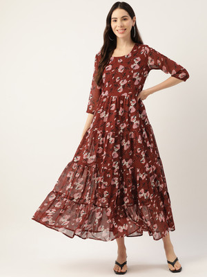 Deewa Women Fit and Flare Maroon Maxi/Full Length Dress