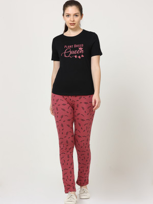 PIPER INTERNAATIONAL Women Printed Black, Maroon Top & Pyjama Set