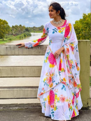 King Creation Women Floral Print A-line Kurta(White)