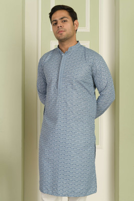 LEMONX Men Embroidered Straight Kurta(Light Blue)