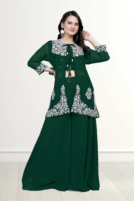 Dwitii Creation Women Crop Top Palazzo Ethnic Jacket Set
