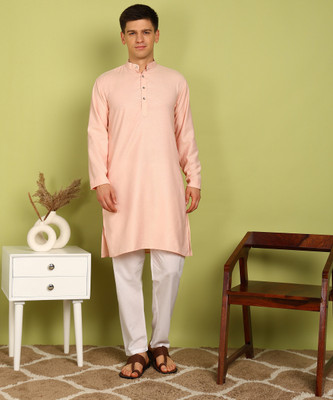 FUBAR Men Self Design Straight Kurta(Orange)