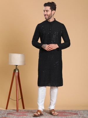 Tabard Men Embellished Straight Kurta(Black)