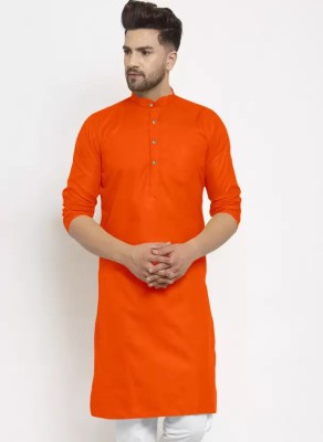 LookMakers Men Solid Straight Kurta(Orange)