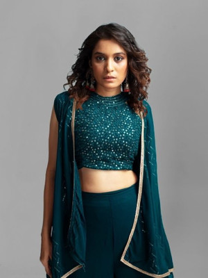 Camerfly Women Crop Top Sharara Ethnic Jacket Set