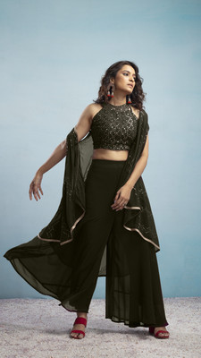 BharatTrendzz Women Crop Top Palazzo Ethnic Jacket Set
