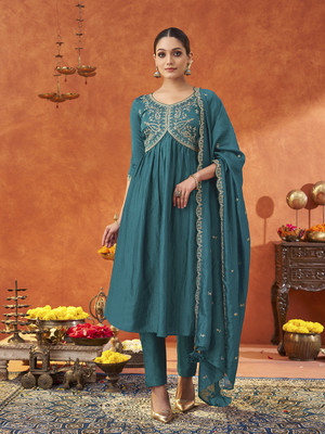 Fourleaf Embroidered Kurta, Trouser/Pant & Dupatta Set