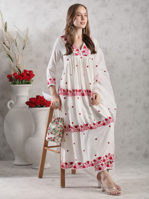Tasrika Embroidered Anarkali Kurta, Bottom & Dupatta Set