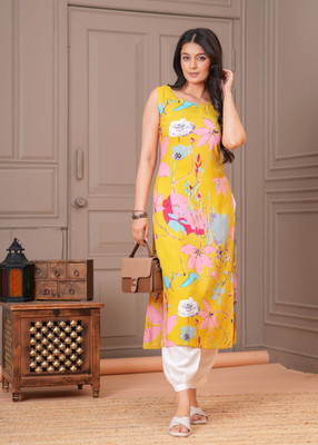 NYPA Women Printed Straight Kurta(Yellow)