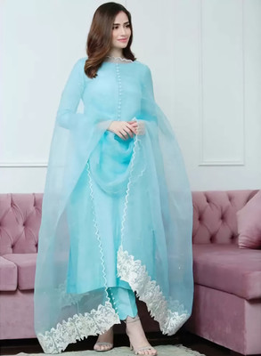 SAAVARIYA Applique, Solid, Self Design Kurta, Trouser/Pant & Dupatta Set