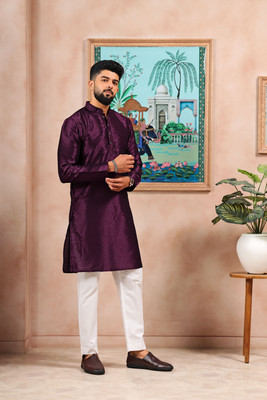 Koshin Men Block Print Straight Kurta(Purple)