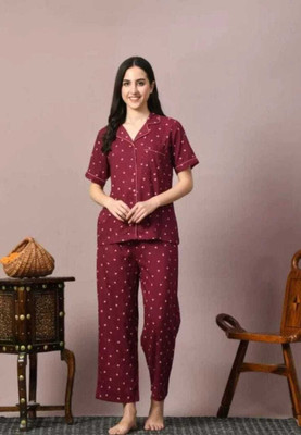 AAVIRA Women Printed Maroon Night Suit Set