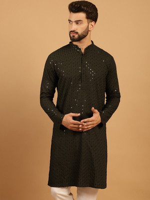 JS COLLECTION Men Embellished Straight Kurta(Dark Green)