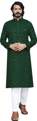 Quichop Men Embroidered Straight Kurta(Dark Green)