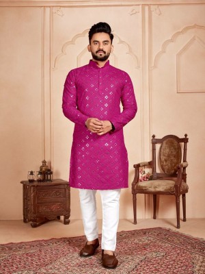 HEEYA ENTERPRISE Men Embroidered Straight Kurta(Pink)