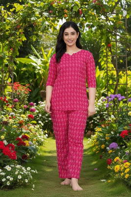 UNICO FEBRICS Women Printed Pink Night Suit Set