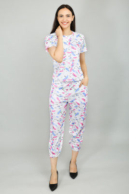 MYKUKI Women Printed Pink, White Night Suit Set