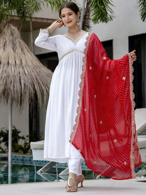SDK Fashion Embroidered, Solid, Embellished Kurta, Trouser/Pant & Dupatta Set
