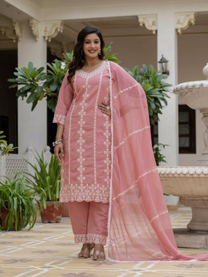 aadhiya impex Women Embroidered Straight Kurta(Pink)