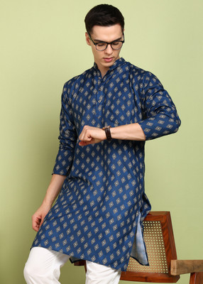 FUBAR Men Printed Straight Kurta(Light Blue)