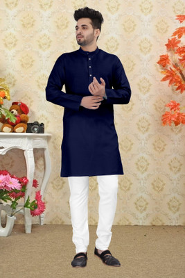 GRATITUDE ROCK Men Solid Straight Kurta(Dark Blue)
