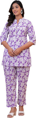 HouseOfCommon Women Floral Print Purple Night Suit Set