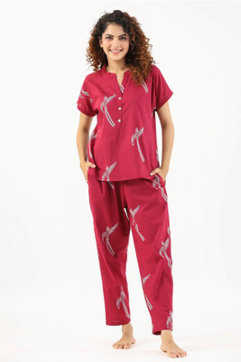 RK JAI Women Printed Maroon Top & Pyjama Set