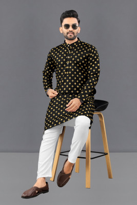 Shree Dutt Creation Men Printed Straight Kurta(Black)