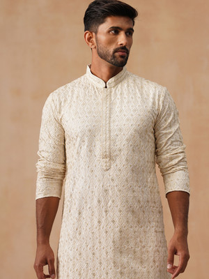 Jompers Men Embroidered Straight Kurta(White)
