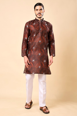 Ashak fashions Men Printed, Floral Print Straight Kurta(Brown)