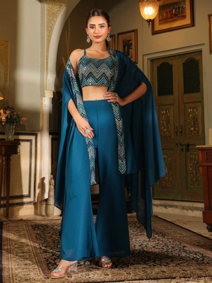 Janasya Women Ethnic Top Pant Cape Set