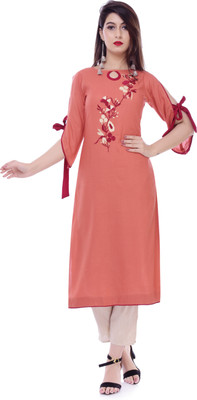 Maquien Women Embroidered Straight Kurta(Beige)